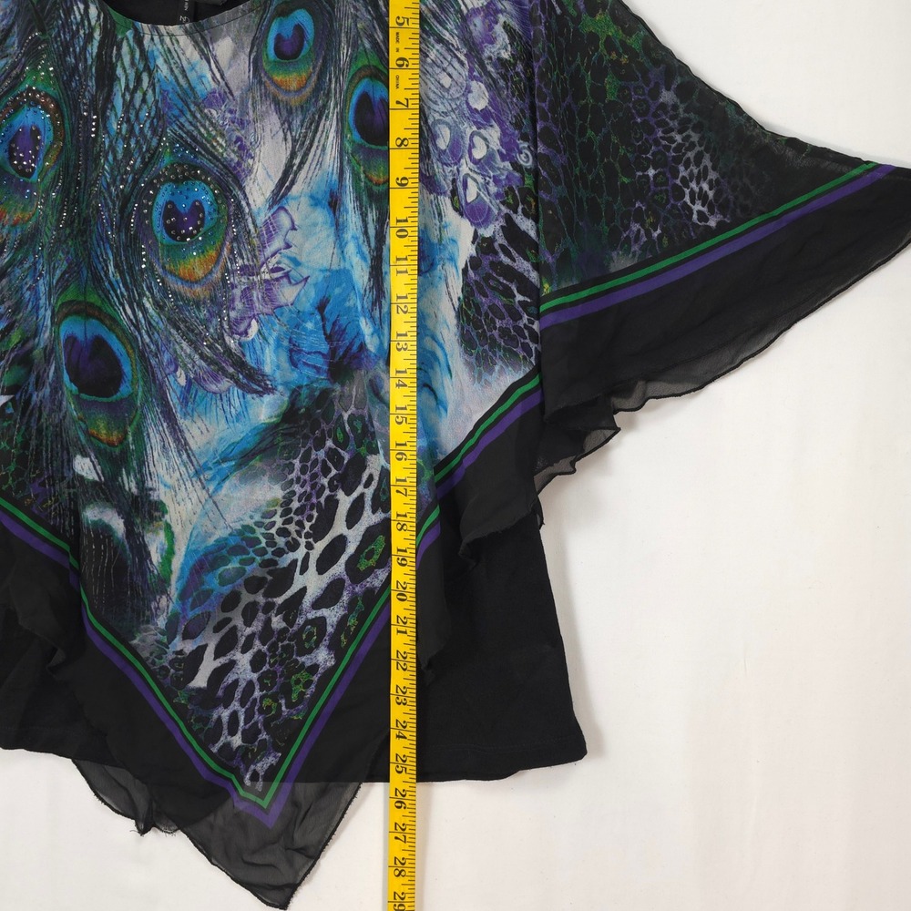 Peacock Print Poncho Blouse Sheer Overlay Beaded L Boho Statement Top Resort - Picture 3 of 9